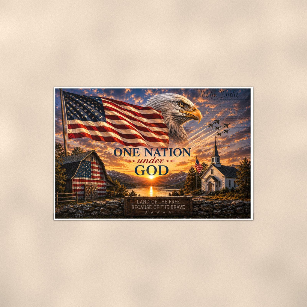 One Nation Under God Barn Church — 36x24 in art print poster, premium luster paper with a white border; poster shown straight on against a warm wall.