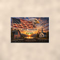 One Nation Under God Barn Church — 36x24 in art print poster, premium luster paper with a white border; poster shown straight on against a warm wall.
