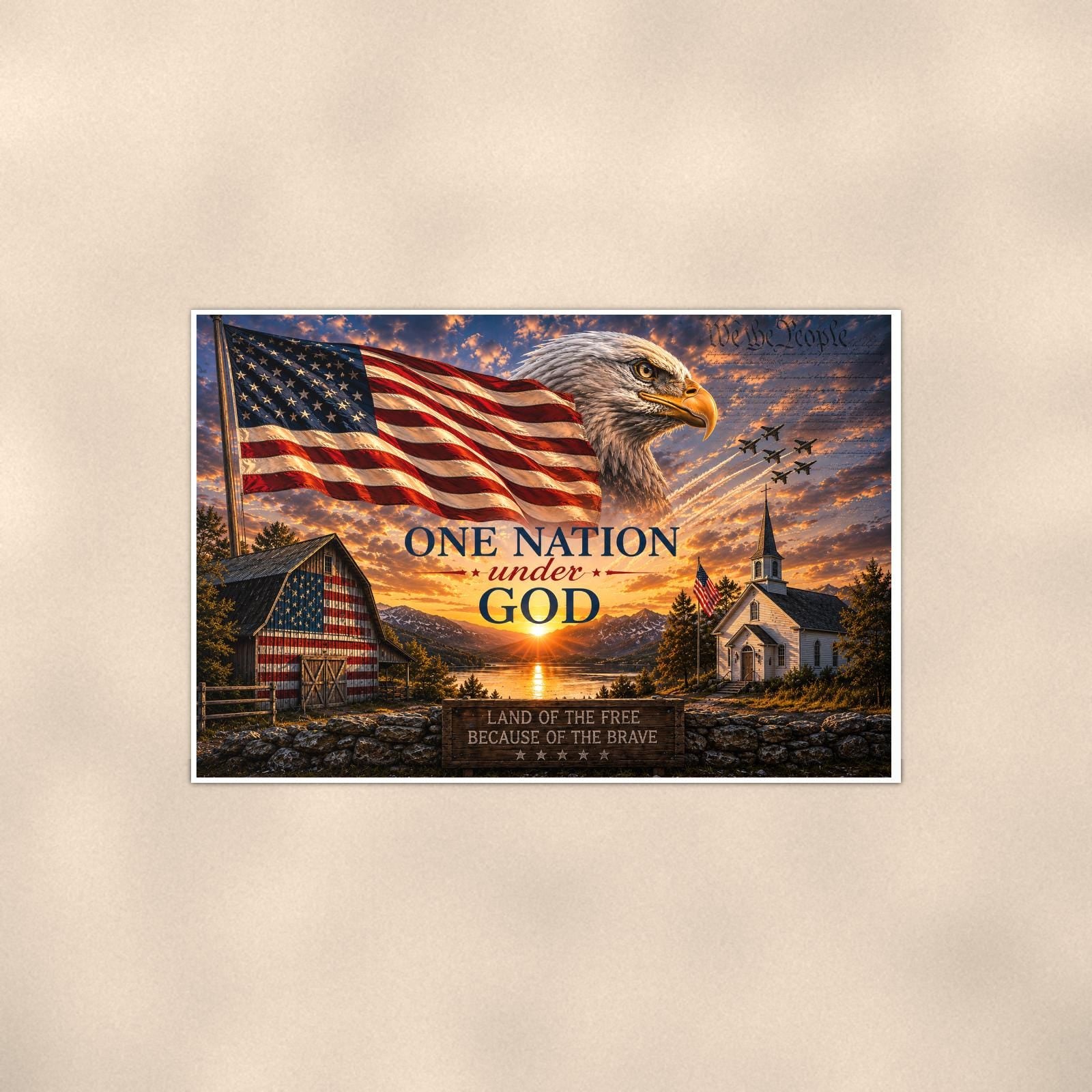 One Nation Under God Barn Church — 36x24 in art print poster, premium luster paper with a white border; poster shown straight on against a warm wall.