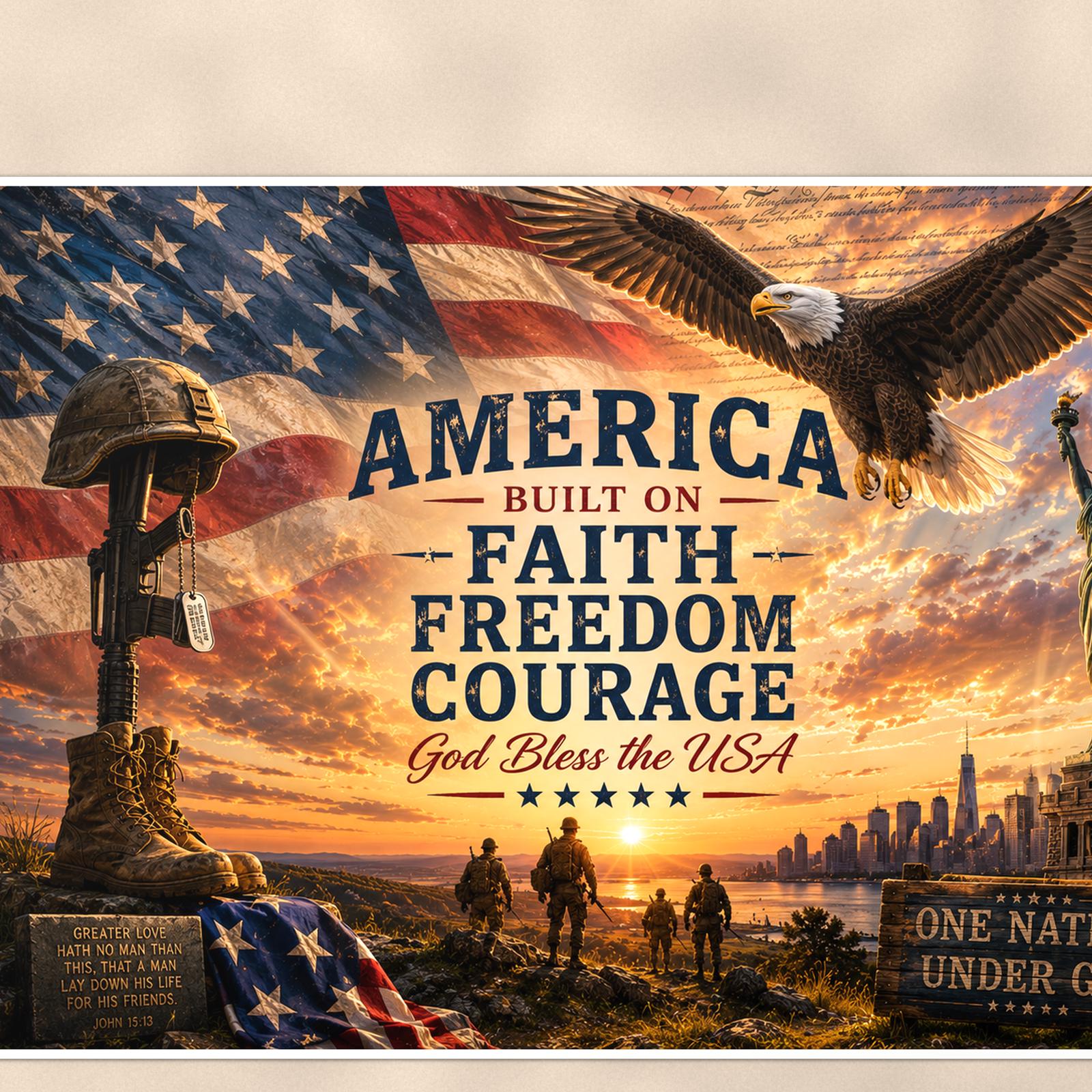America Faith Freedom Courage (2) — 36x24 in art print poster, premium luster paper with a white border; close-up framed on the main subject of the artwork, paper surface visible.