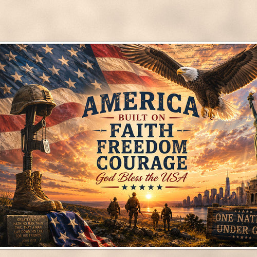 America Faith Freedom Courage (2) — 36x24 in art print poster, premium luster paper with a white border; close-up framed on the main subject of the artwork, paper surface visible.