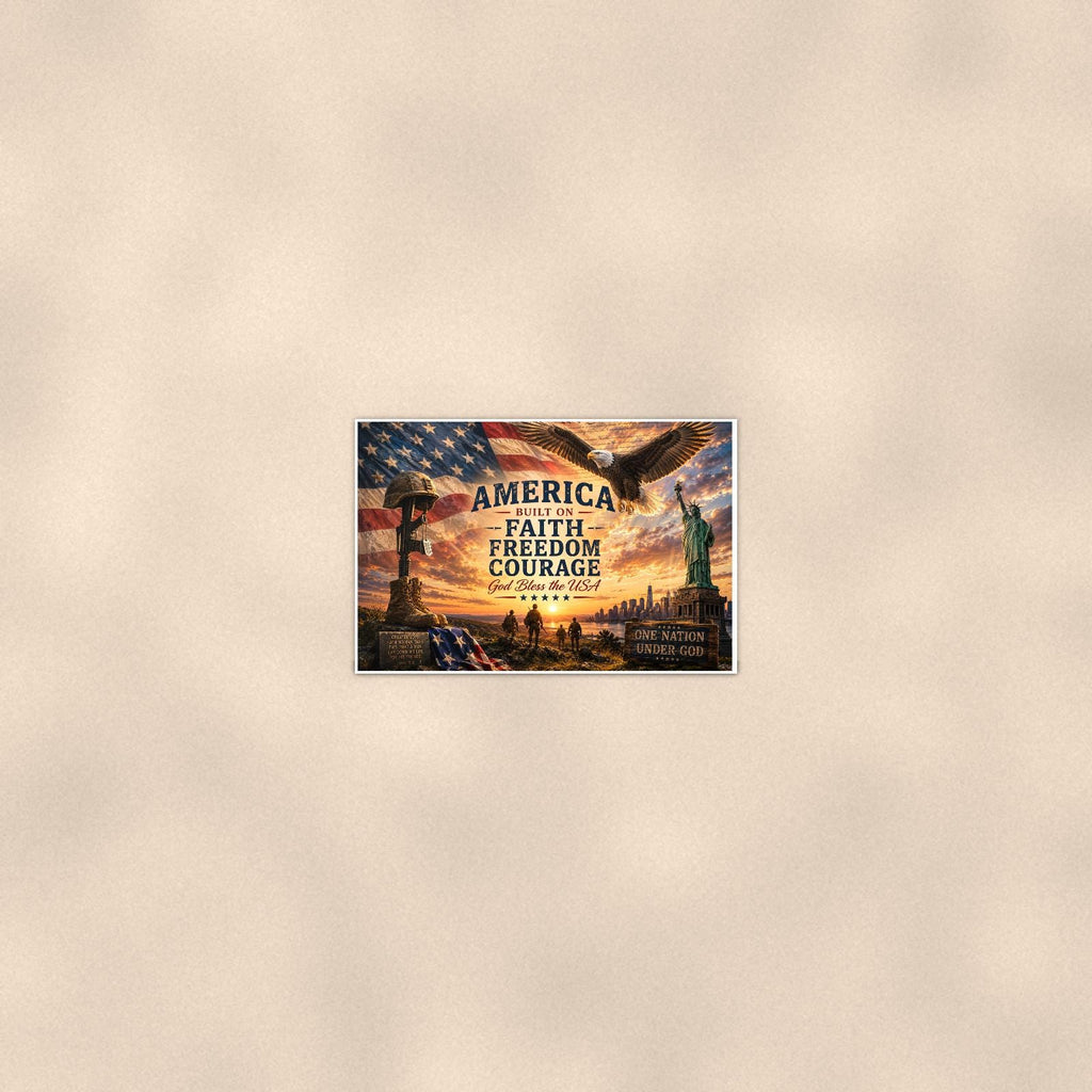 America Faith Freedom Courage (2) — 36x24 in art print poster, premium luster paper with a white border; poster seen from further back, at true 24x36 in scale on a warm wall.