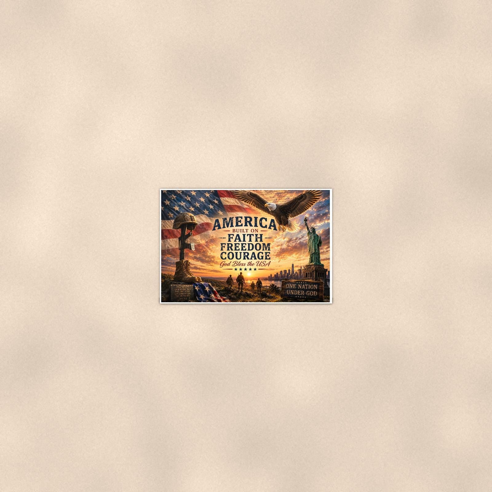 America Faith Freedom Courage (2) — 36x24 in art print poster, premium luster paper with a white border; poster seen from further back, at true 24x36 in scale on a warm wall.