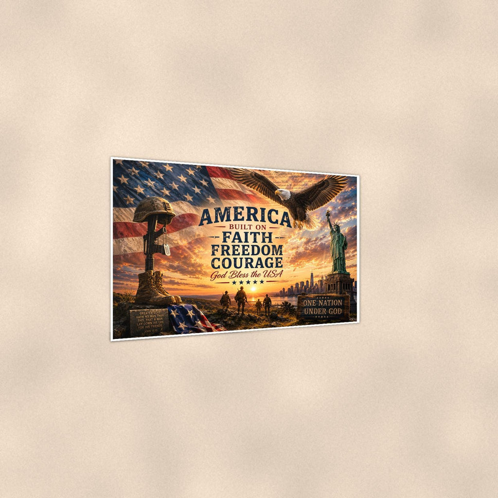 America Faith Freedom Courage (2) — 36x24 in art print poster, premium luster paper with a white border; gentle three-quarter angle on a warm wall, showing the flat paper edge.