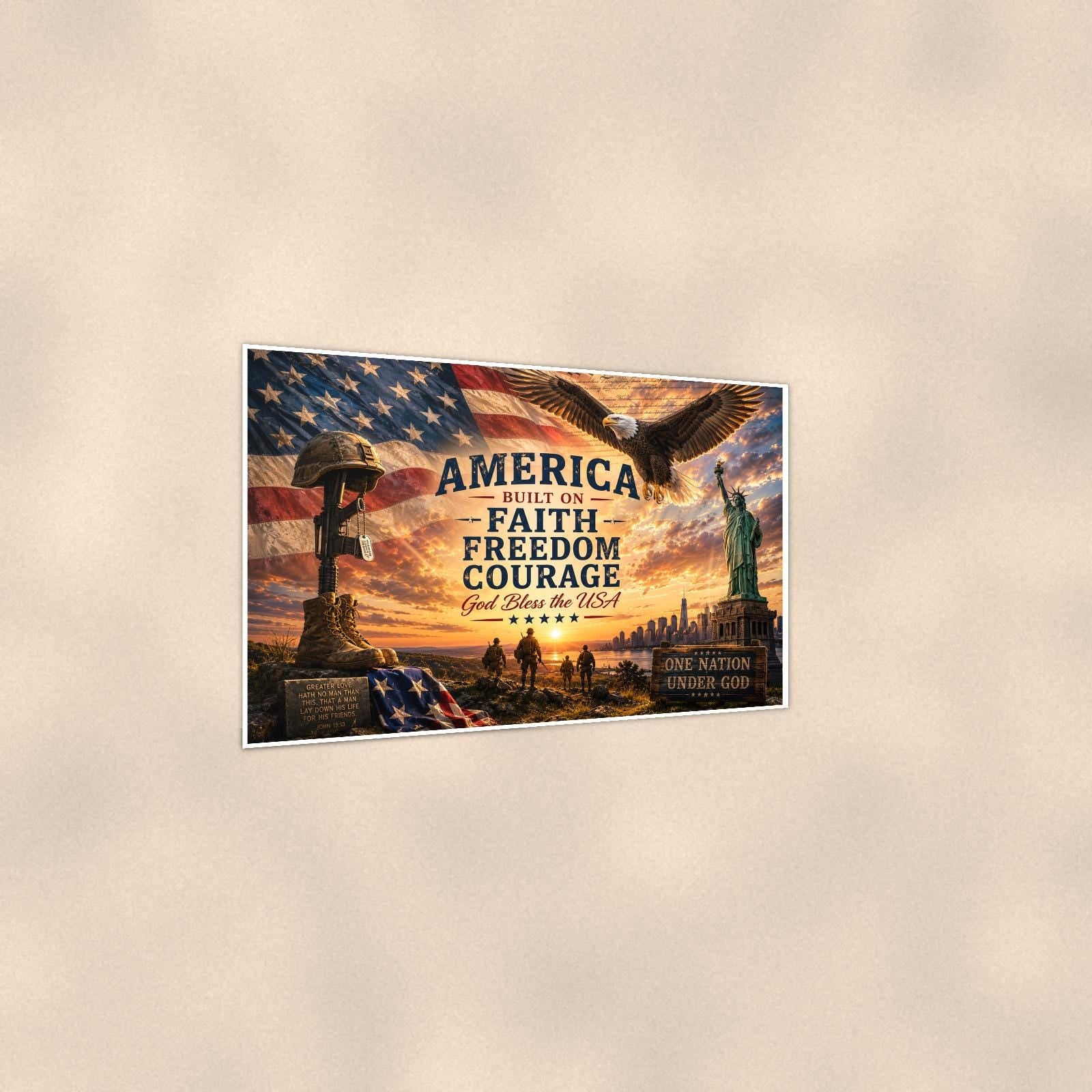America Faith Freedom Courage (2) — 36x24 in art print poster, premium luster paper with a white border; gentle three-quarter angle on a warm wall, showing the flat paper edge.