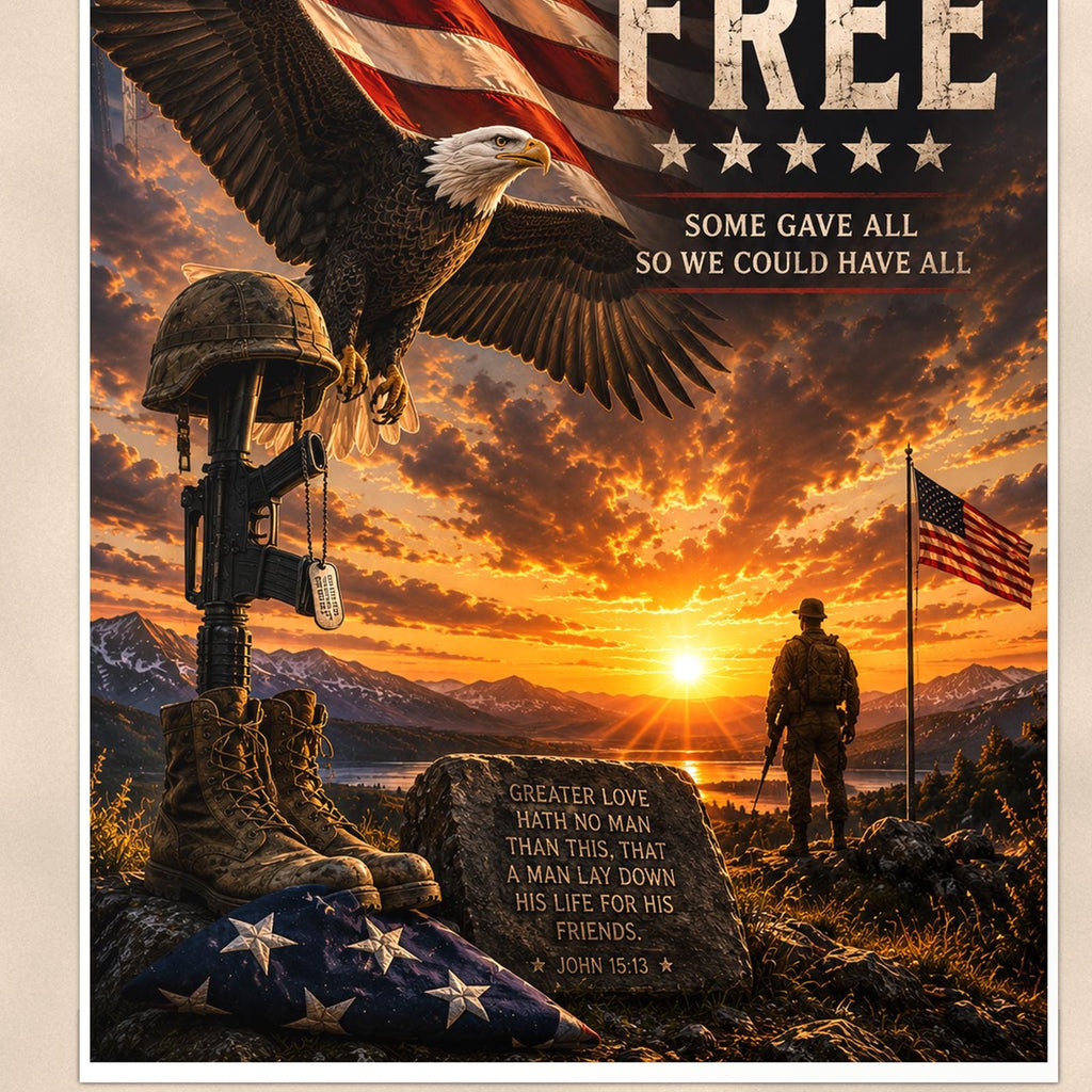 Freedom Isn't Free Eagle Sunset (2) — 24x36 in art print poster, premium luster paper with a white border; close-up framed on the main subject of the artwork, paper surface visible.