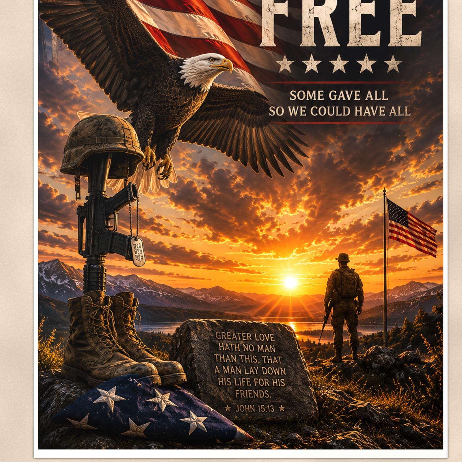 Freedom Isn't Free Eagle Sunset (2) — 24x36 in art print poster, premium luster paper with a white border; close-up framed on the main subject of the artwork, paper surface visible.