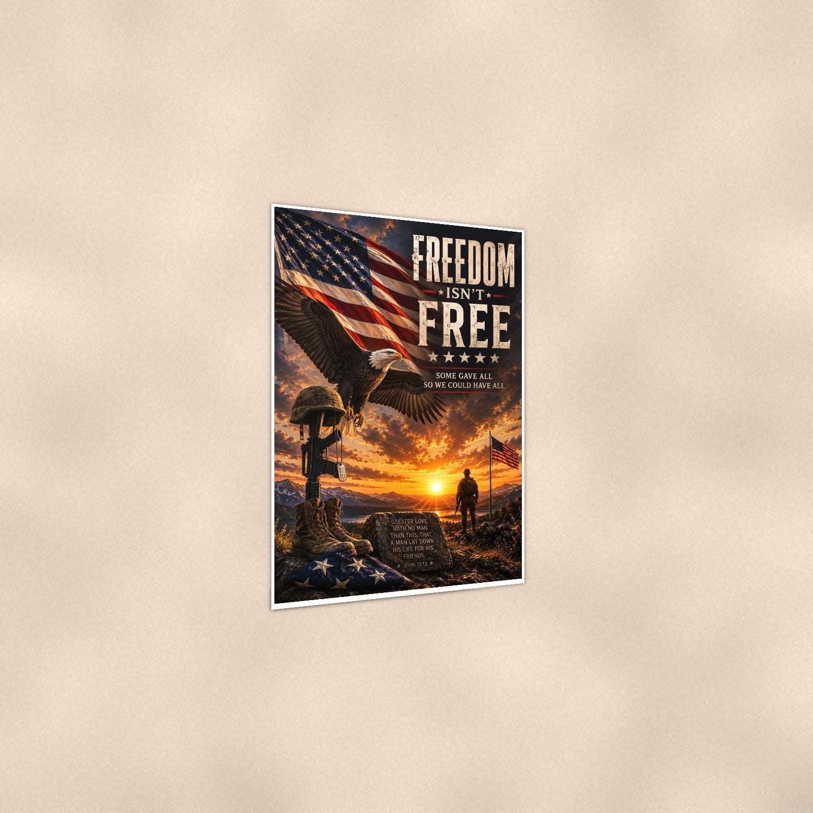 Freedom Isn't Free Eagle Sunset (2) — 24x36 in art print poster, premium luster paper with a white border; gentle three-quarter angle on a warm wall, showing the flat paper edge.