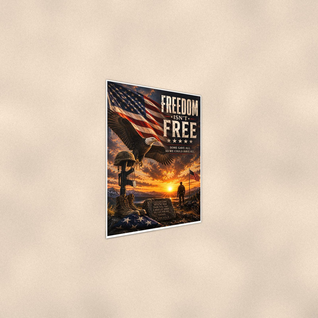Freedom Isn't Free Eagle Sunset (2) — 24x36 in art print poster, premium luster paper with a white border; steeper three-quarter angle on a warm wall, catching the luster sheen.