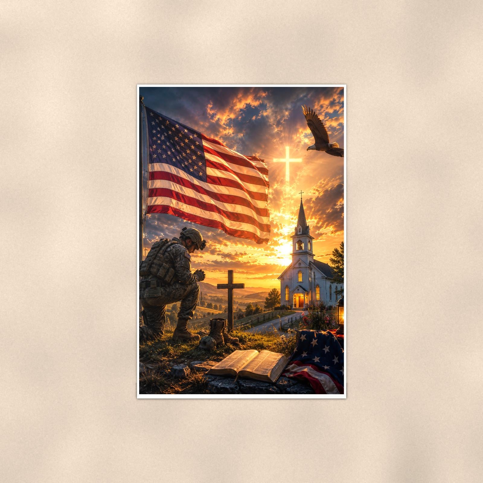 Soldier at the Church Cross (2) — 24x36 in art print poster, premium luster paper with a white border; poster shown straight on against a warm wall.