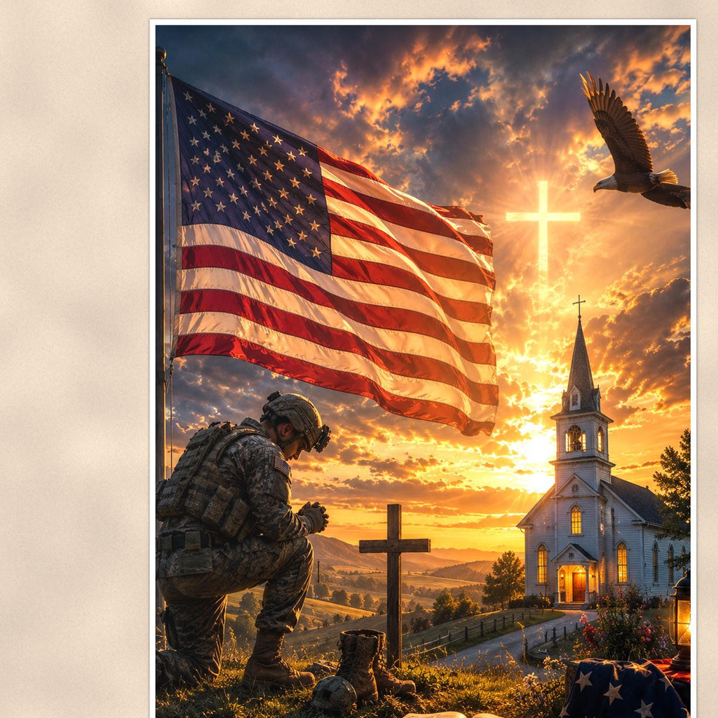 Soldier at the Church Cross (2) — 24x36 in art print poster, premium luster paper with a white border; close-up framed on the main subject of the artwork, paper surface visible.