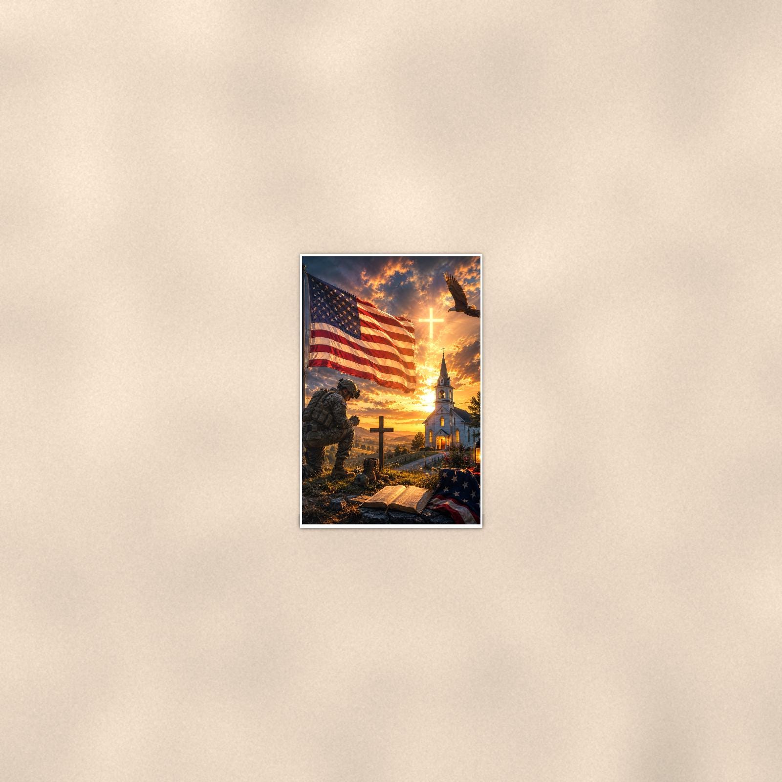 Soldier at the Church Cross (2) — 24x36 in art print poster, premium luster paper with a white border; poster seen from further back, at true 24x36 in scale on a warm wall.