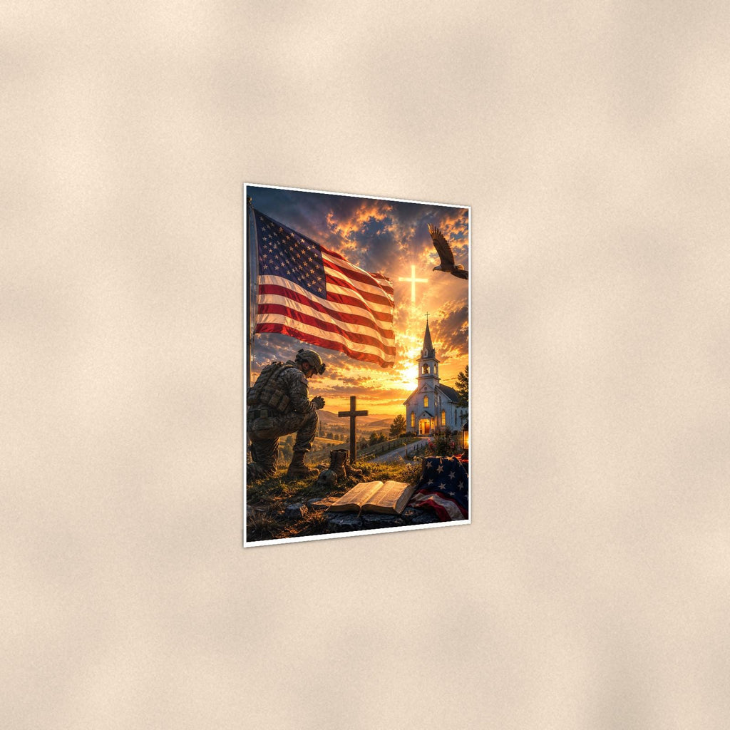 Soldier at the Church Cross (2) — 24x36 in art print poster, premium luster paper with a white border; gentle three-quarter angle on a warm wall, showing the flat paper edge.