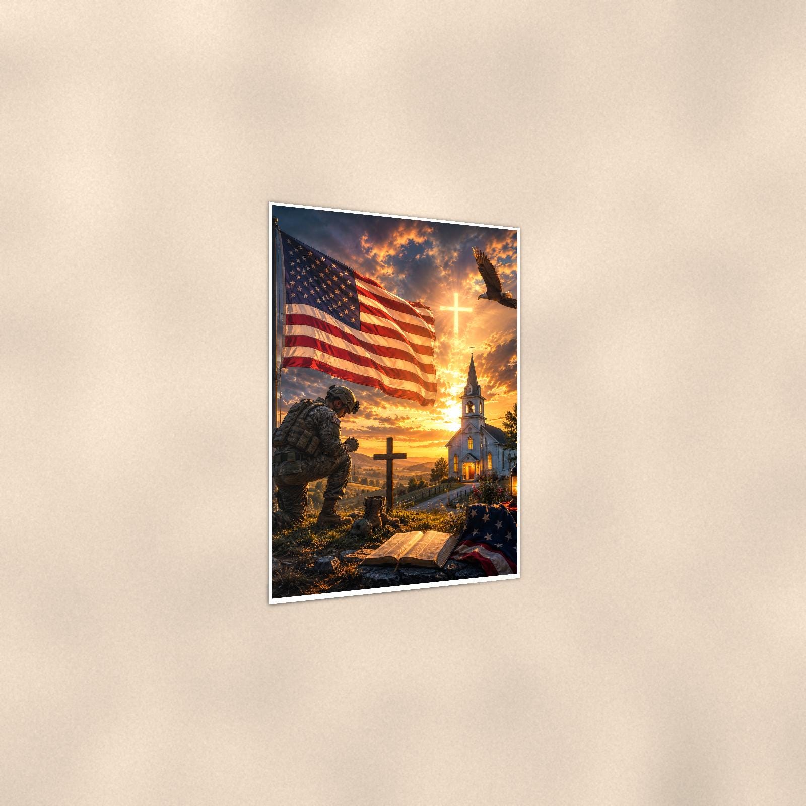 Soldier at the Church Cross (2) — 24x36 in art print poster, premium luster paper with a white border; gentle three-quarter angle on a warm wall, showing the flat paper edge.