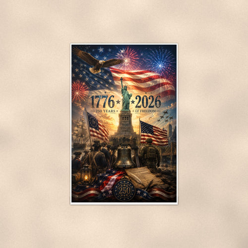 1776 2026 250 Years of Freedom — 24x36 in art print poster, premium luster paper with a white border; poster shown straight on against a warm wall.