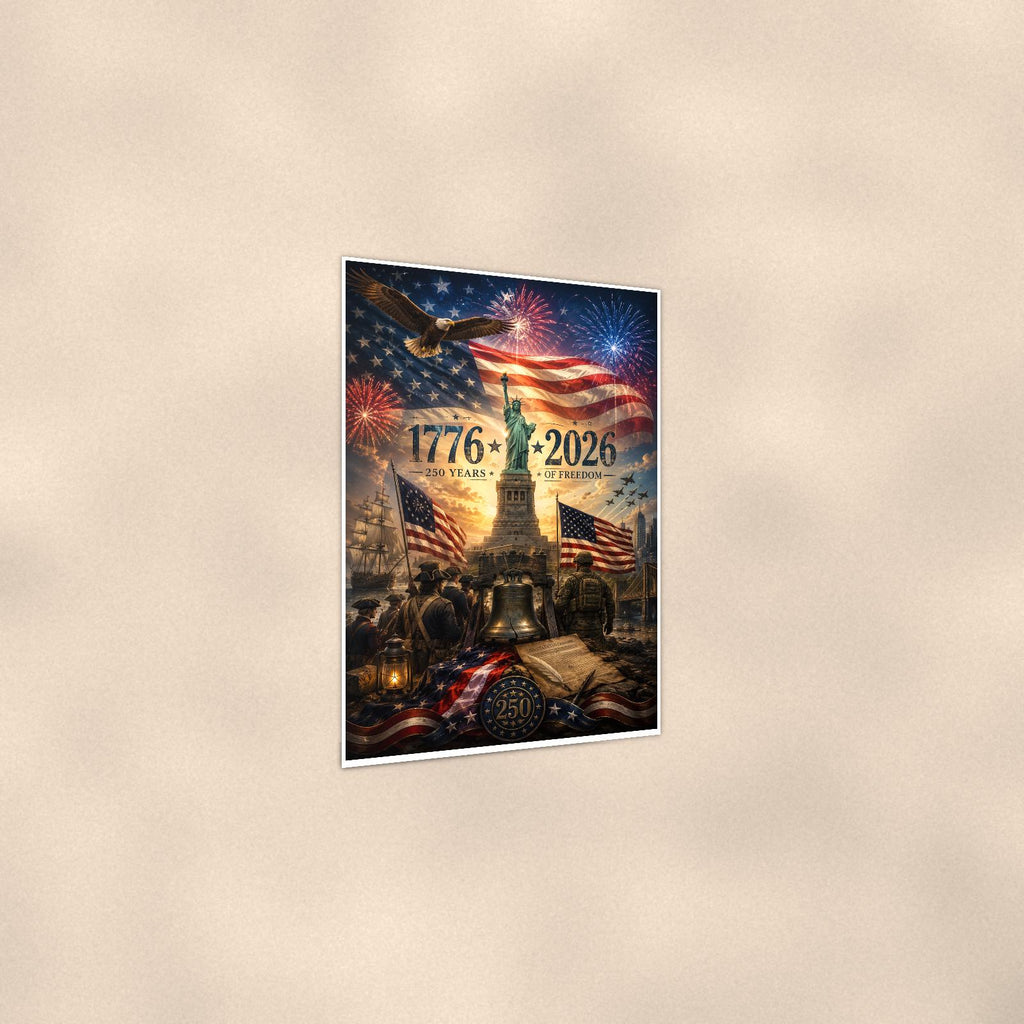 1776 2026 250 Years of Freedom — 24x36 in art print poster, premium luster paper with a white border; gentle three-quarter angle on a warm wall, showing the flat paper edge.