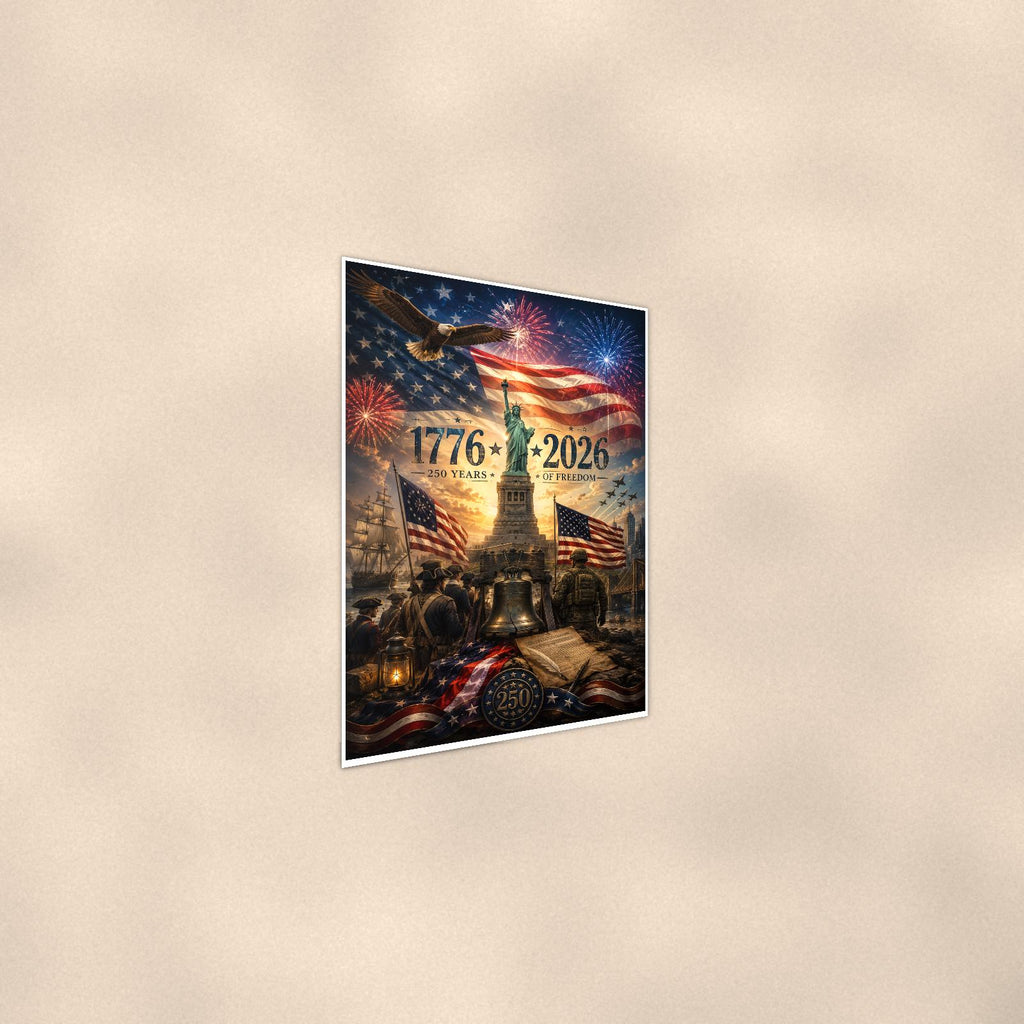 1776 2026 250 Years of Freedom — 24x36 in art print poster, premium luster paper with a white border; steeper three-quarter angle on a warm wall, catching the luster sheen.