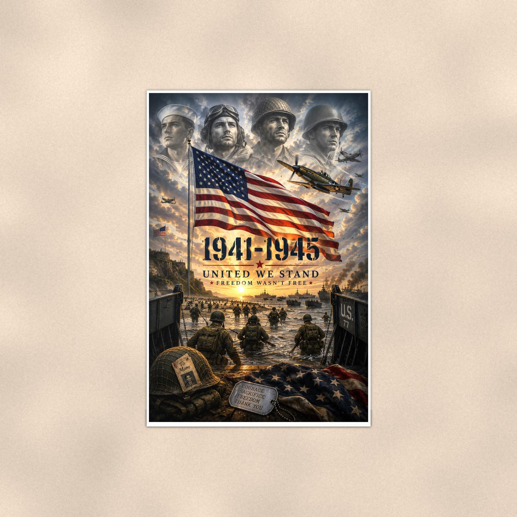 World War Ii 1941 1945 United We Stand (2) — 24x36 in art print poster, premium luster paper with a white border; poster shown straight on against a warm wall.