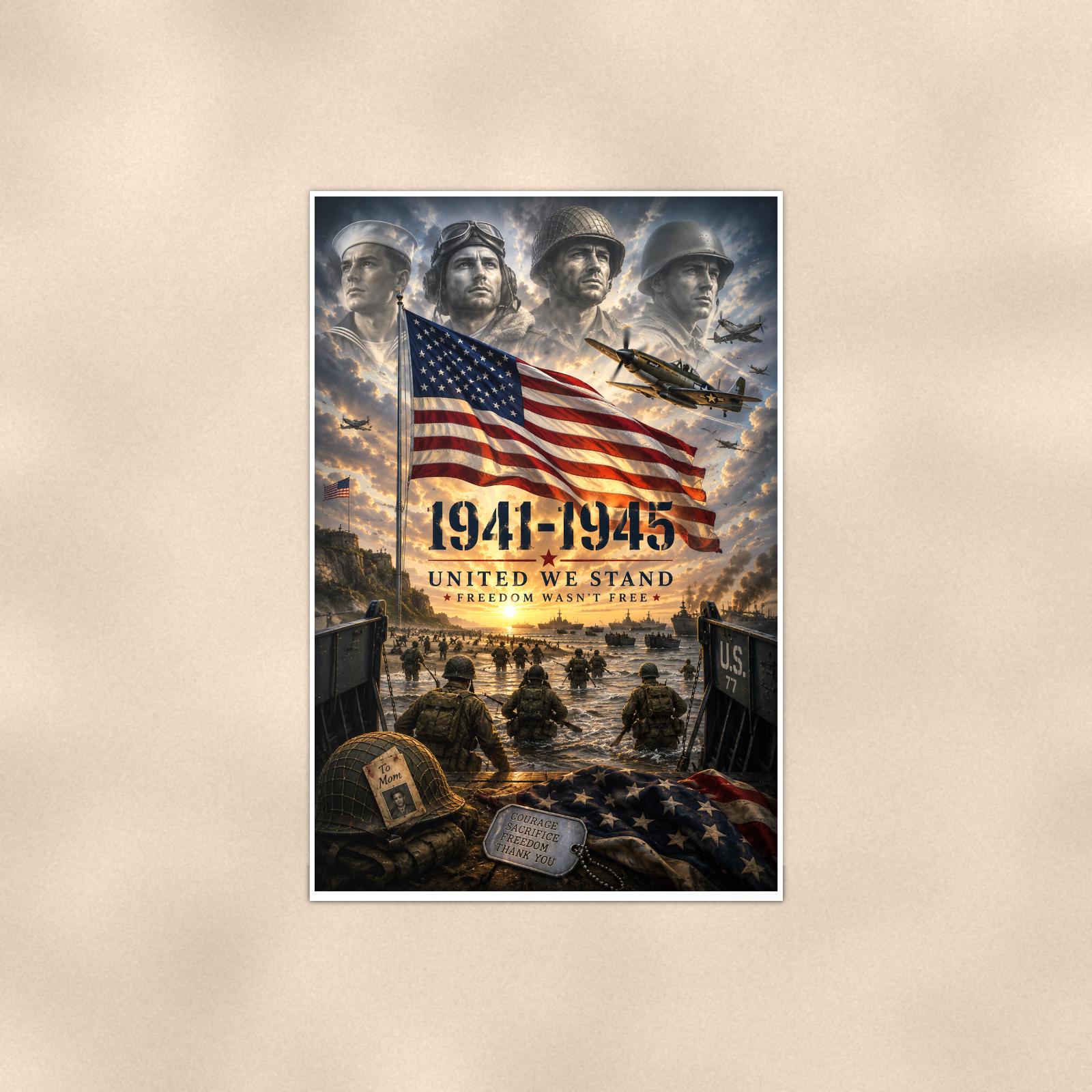 World War Ii 1941 1945 United We Stand (2) — 24x36 in art print poster, premium luster paper with a white border; poster shown straight on against a warm wall.