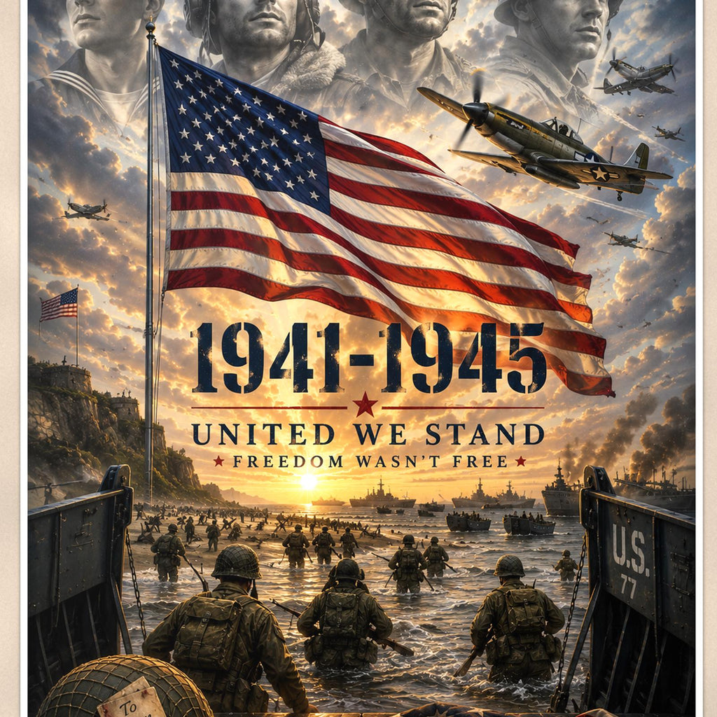 World War Ii 1941 1945 United We Stand (2) — 24x36 in art print poster, premium luster paper with a white border; close-up framed on the main subject of the artwork, paper surface visible.