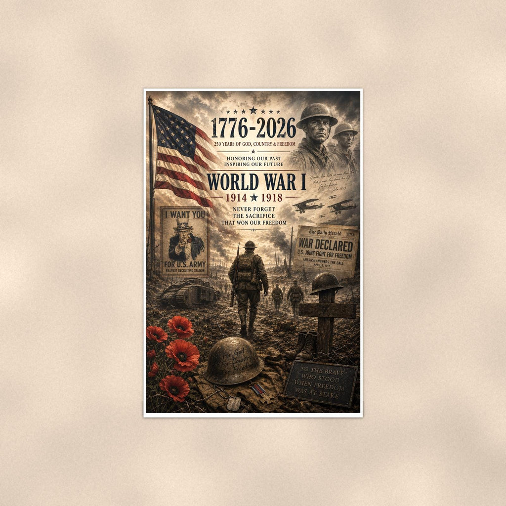 World War I 1914 1918 — 24x36 in art print poster, premium luster paper with a white border; poster shown straight on against a warm wall.