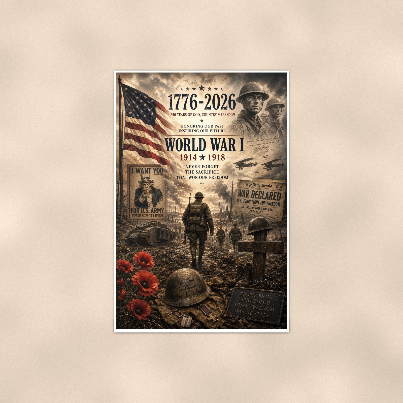 World War I 1914 1918 — 24x36 in art print poster, premium luster paper with a white border; poster shown straight on against a warm wall.