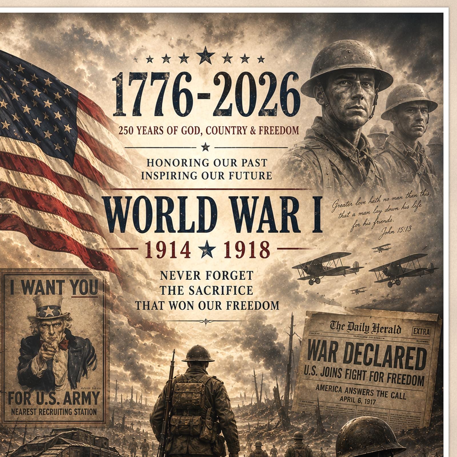 World War I 1914 1918 — 24x36 in art print poster, premium luster paper with a white border; close-up framed on the main subject of the artwork, paper surface visible.