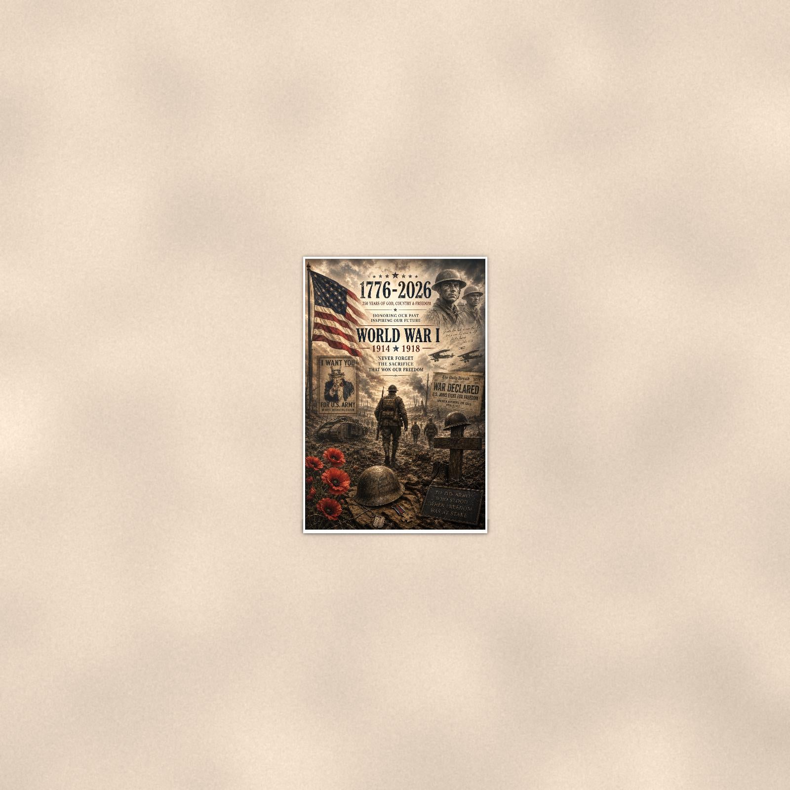 World War I 1914 1918 — 24x36 in art print poster, premium luster paper with a white border; poster seen from further back, at true 24x36 in scale on a warm wall.