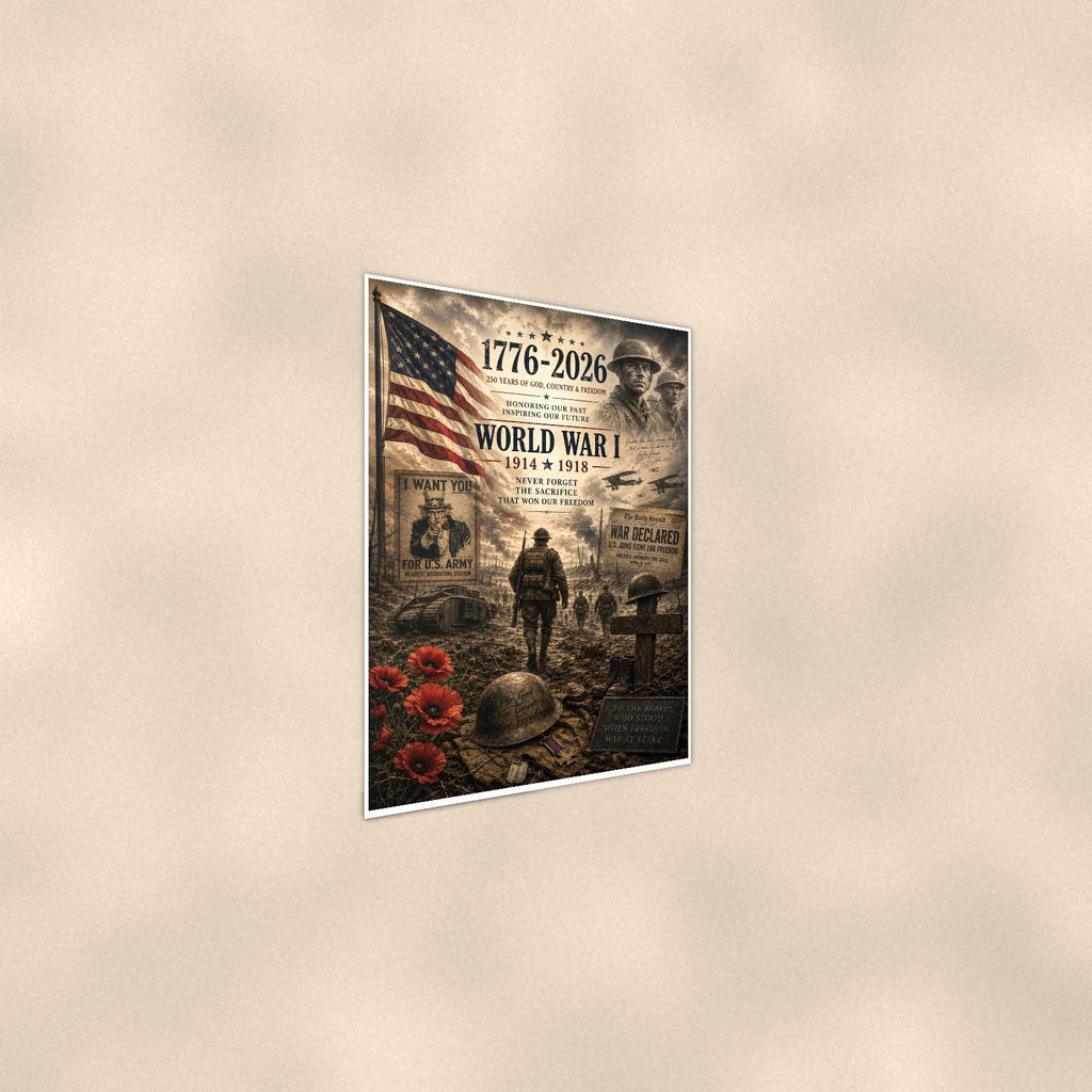 World War I 1914 1918 — 24x36 in art print poster, premium luster paper with a white border; steeper three-quarter angle on a warm wall, catching the luster sheen.