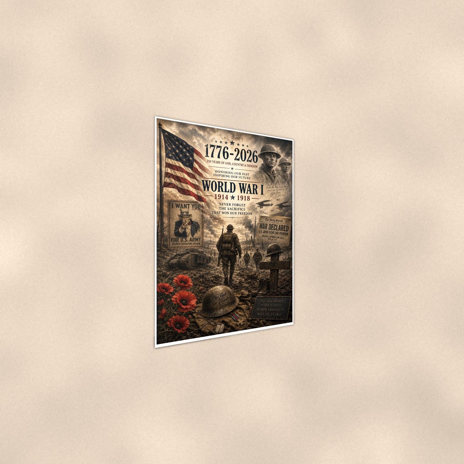 World War I 1914 1918 — 24x36 in art print poster, premium luster paper with a white border; steeper three-quarter angle on a warm wall, catching the luster sheen.