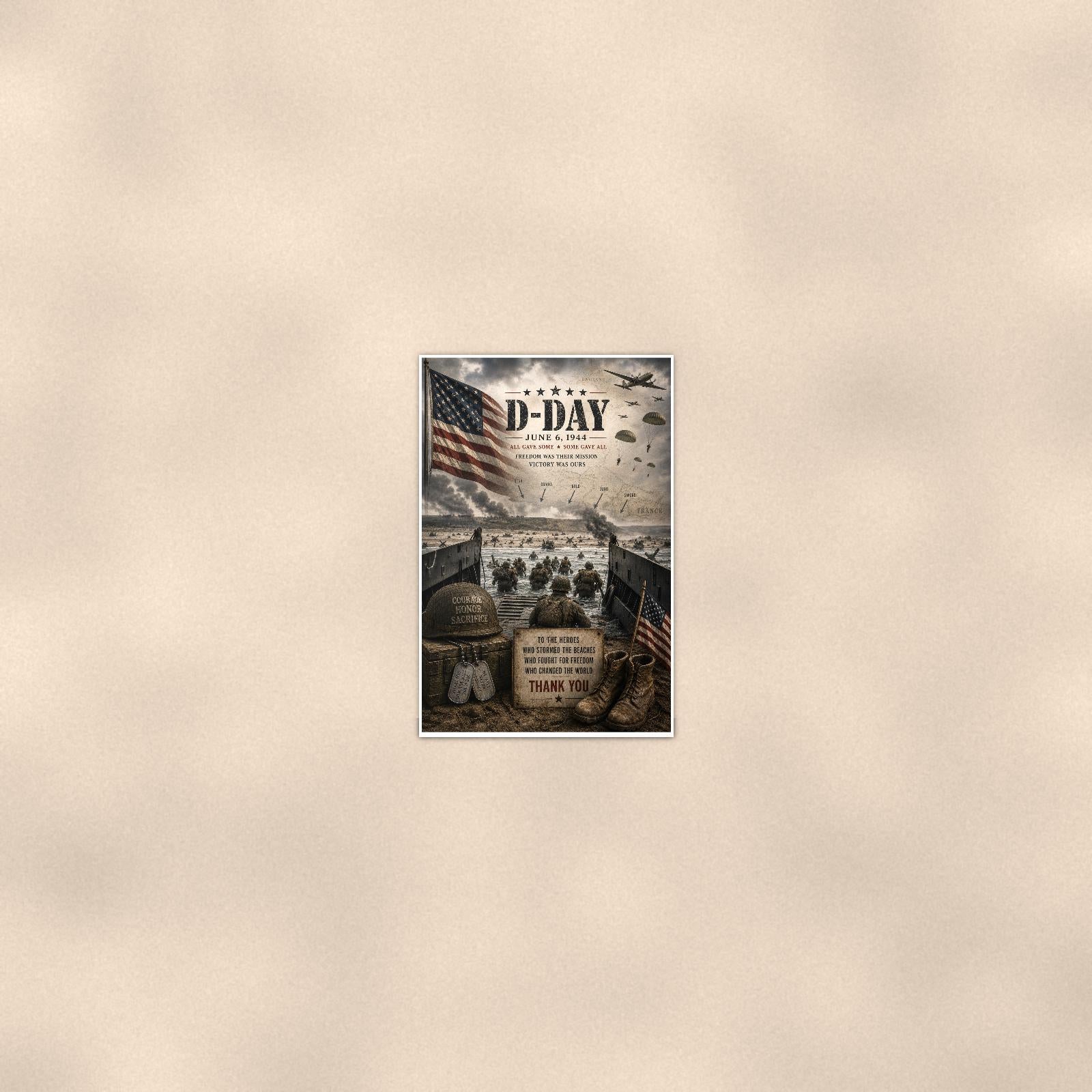 D-Day June 6 1944 — 24x36 in art print poster, premium luster paper with a white border; poster seen from further back, at true 24x36 in scale on a warm wall.