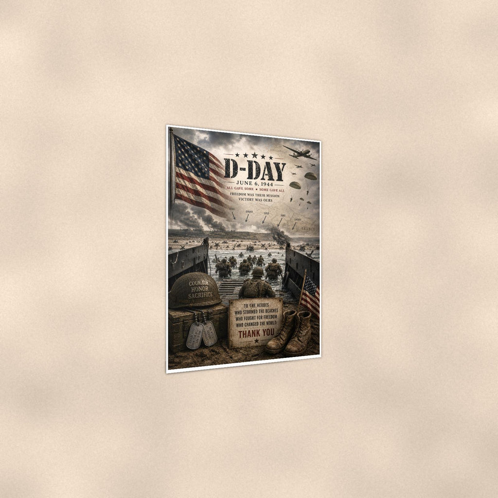 D-Day June 6 1944 — 24x36 in art print poster, premium luster paper with a white border; gentle three-quarter angle on a warm wall, showing the flat paper edge.