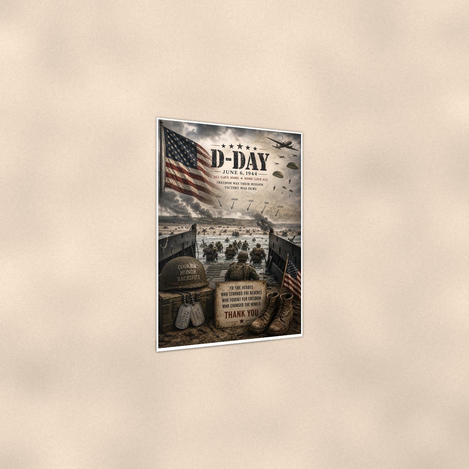 D-Day June 6 1944 — 24x36 in art print poster, premium luster paper with a white border; gentle three-quarter angle on a warm wall, showing the flat paper edge.