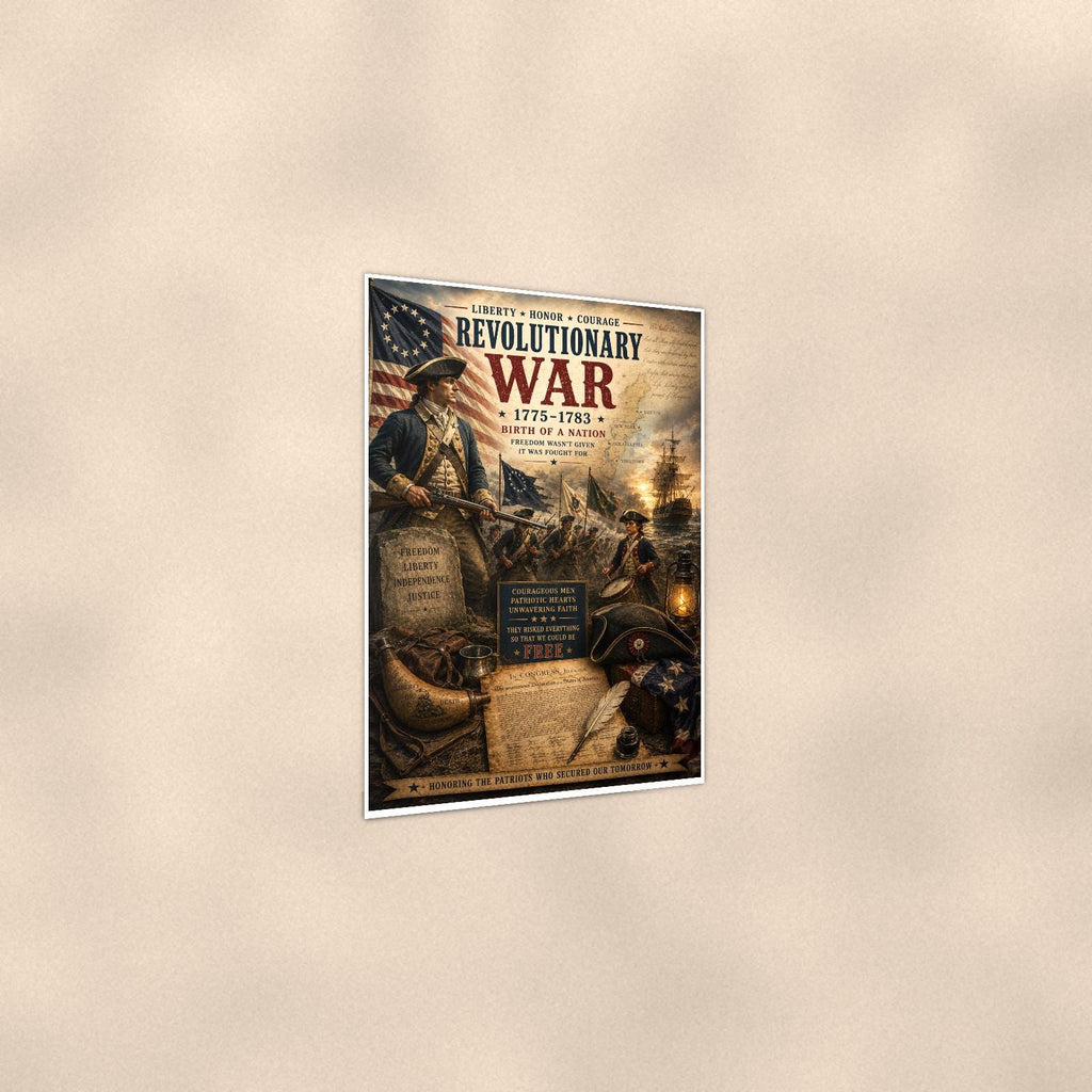 Revolutionary War 1775 1783 (2) — 24x36 in art print poster, premium luster paper with a white border; gentle three-quarter angle on a warm wall, showing the flat paper edge.