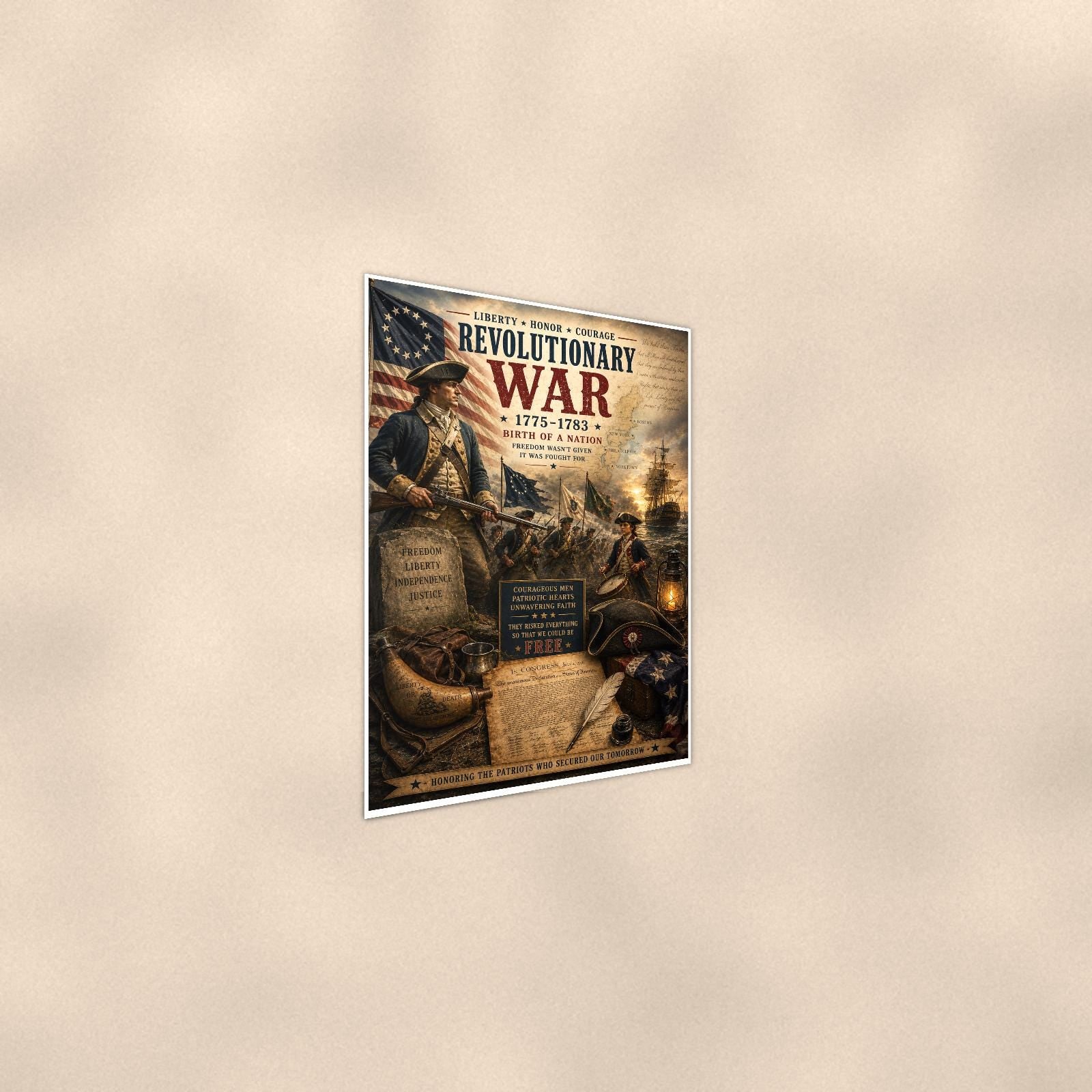 Revolutionary War 1775 1783 (2) — 24x36 in art print poster, premium luster paper with a white border; steeper three-quarter angle on a warm wall, catching the luster sheen.