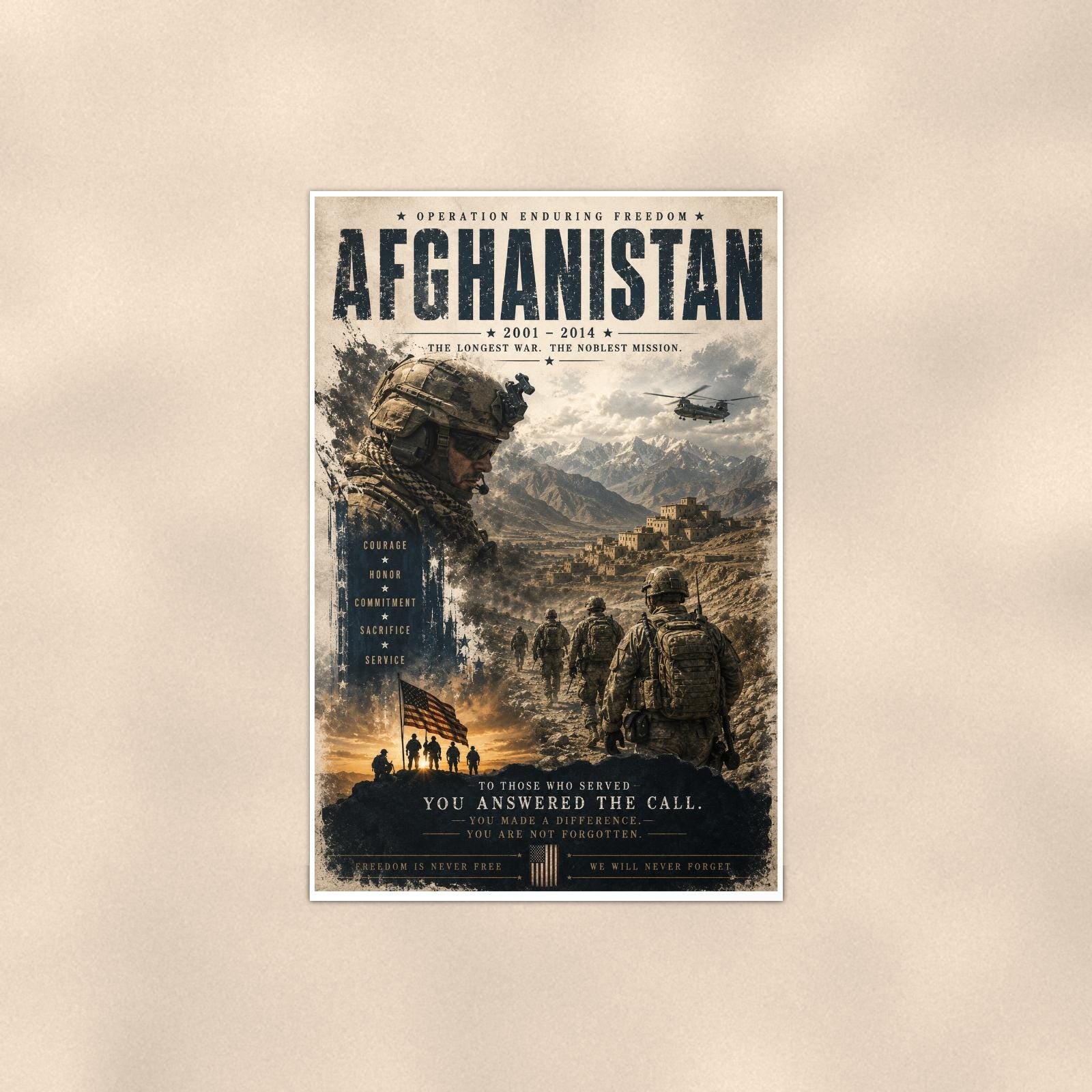 Afghanistan 2001 2014 — 24x36 in art print poster, premium luster paper with a white border; poster shown straight on against a warm wall.