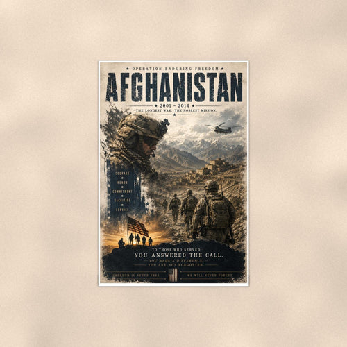 Afghanistan 2001 2014 — 24x36 in art print poster, premium luster paper with a white border; poster shown straight on against a warm wall.