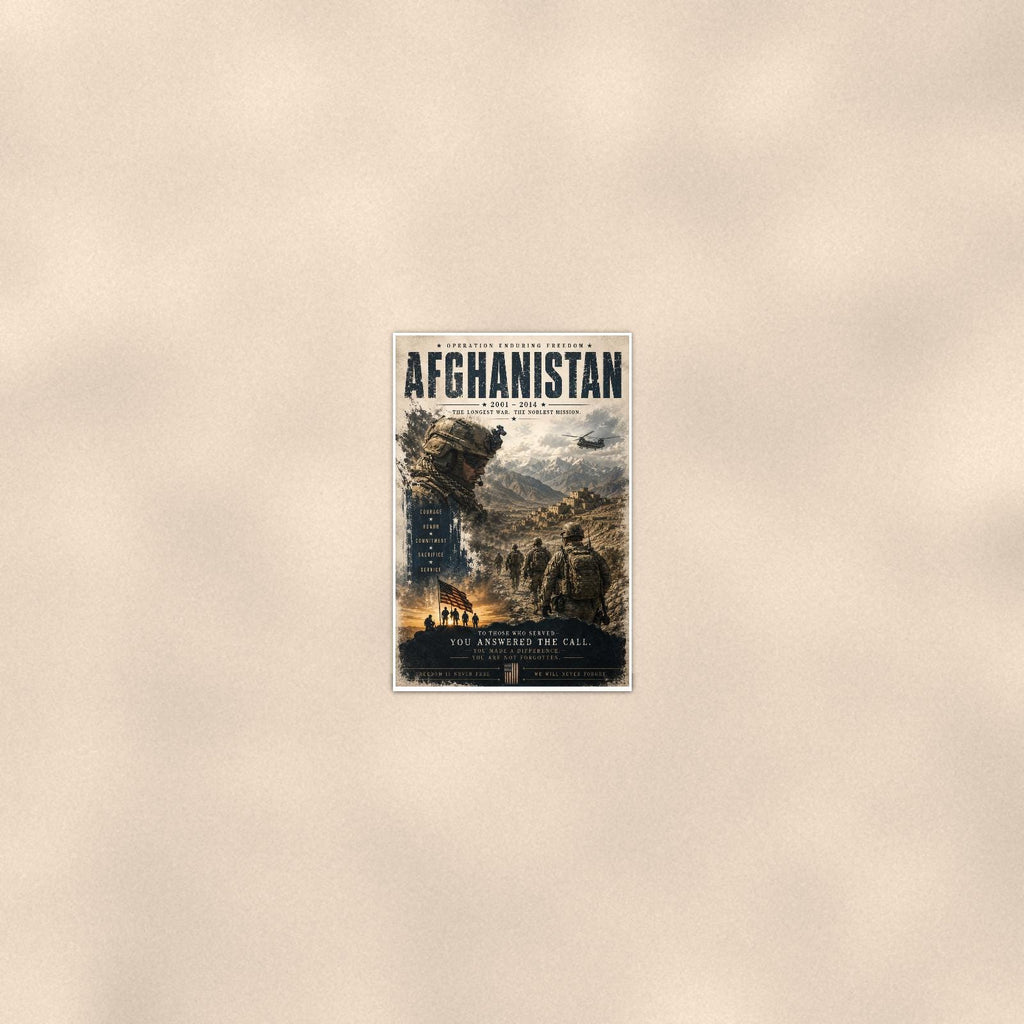 Afghanistan 2001 2014 — 24x36 in art print poster, premium luster paper with a white border; poster seen from further back, at true 24x36 in scale on a warm wall.