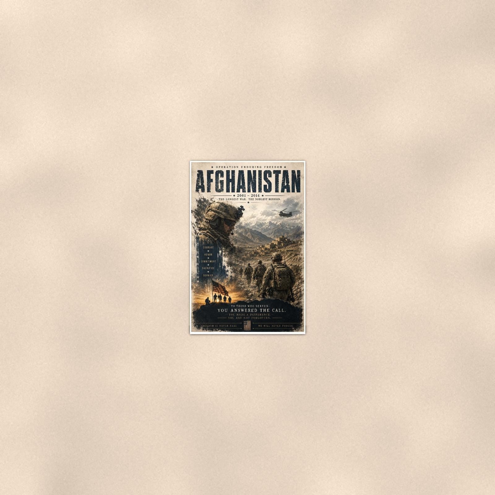 Afghanistan 2001 2014 — 24x36 in art print poster, premium luster paper with a white border; poster seen from further back, at true 24x36 in scale on a warm wall.