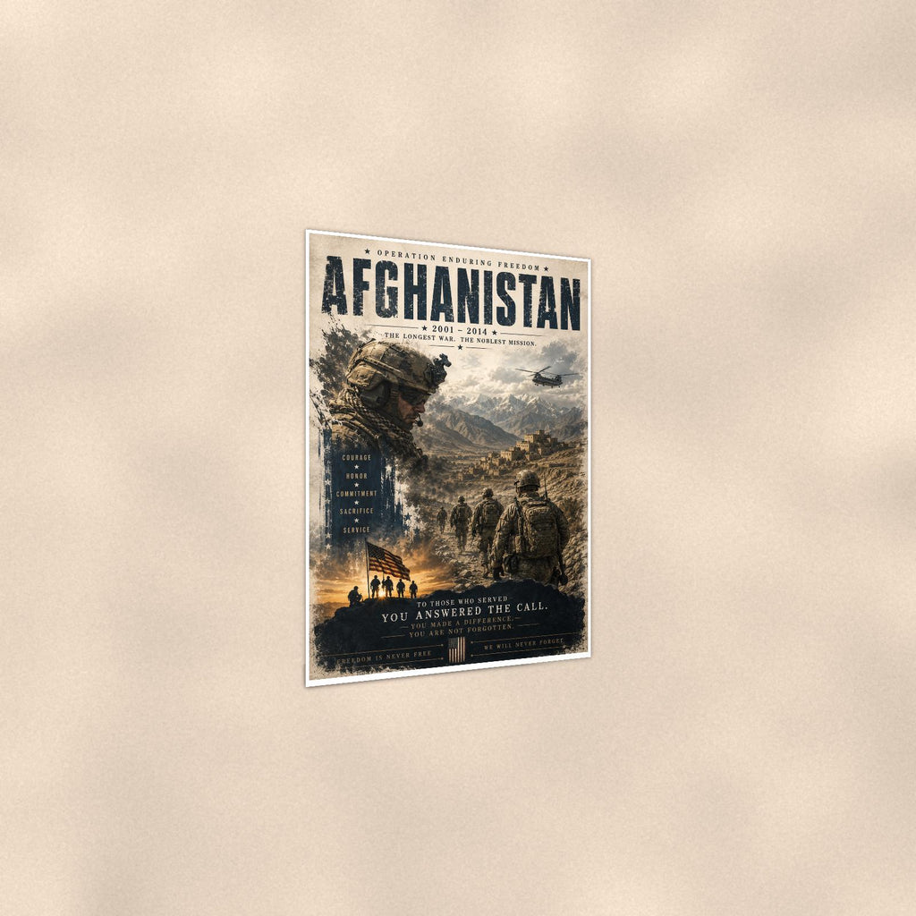 Afghanistan 2001 2014 — 24x36 in art print poster, premium luster paper with a white border; gentle three-quarter angle on a warm wall, showing the flat paper edge.