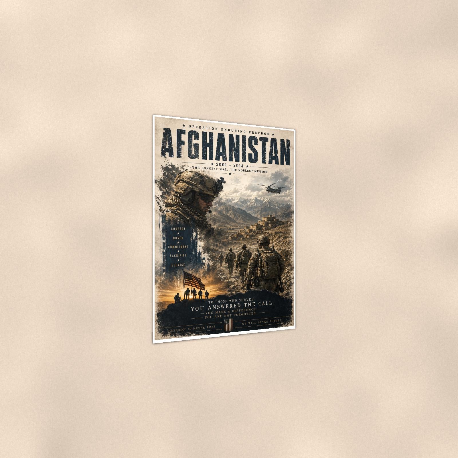 Afghanistan 2001 2014 — 24x36 in art print poster, premium luster paper with a white border; gentle three-quarter angle on a warm wall, showing the flat paper edge.