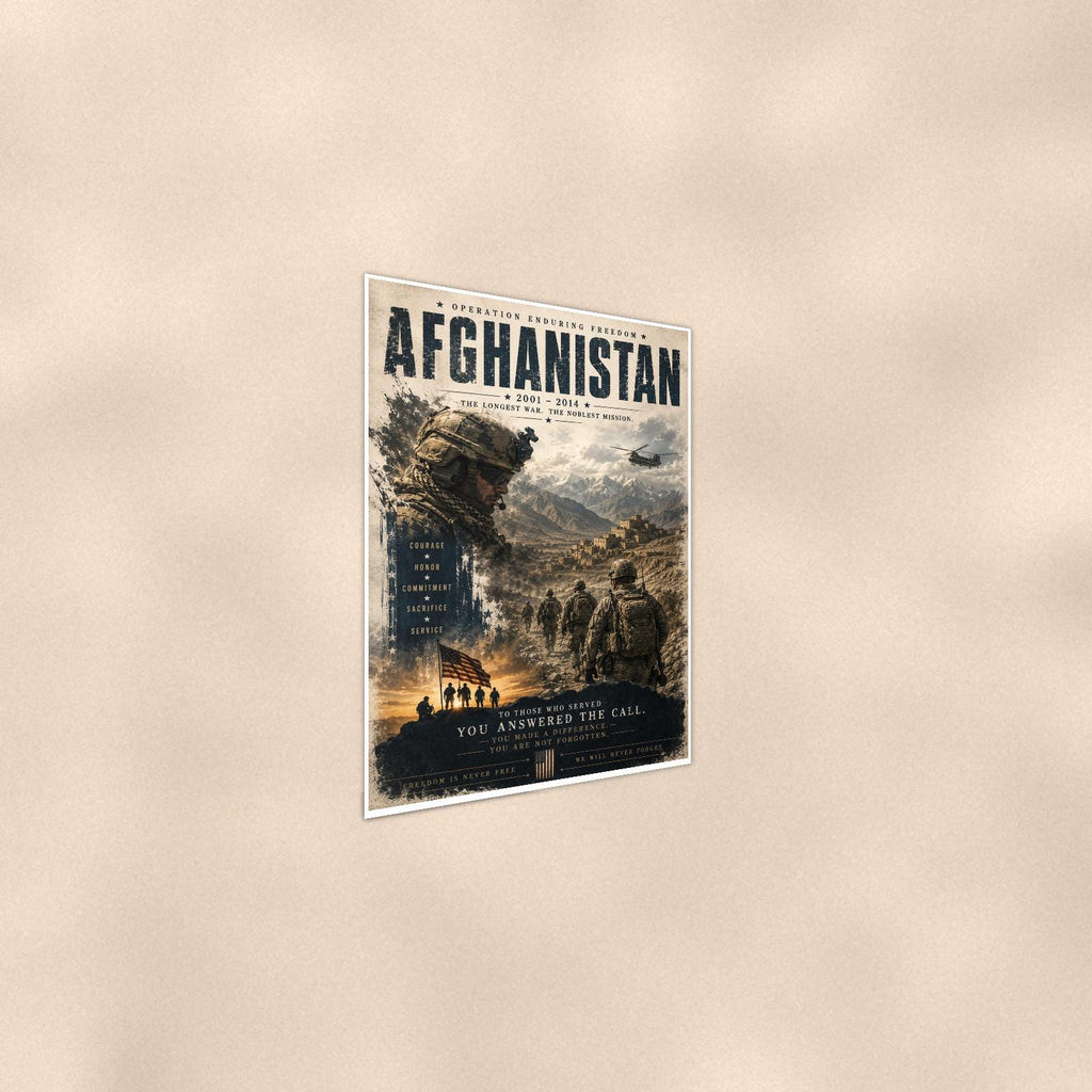 Afghanistan 2001 2014 — 24x36 in art print poster, premium luster paper with a white border; steeper three-quarter angle on a warm wall, catching the luster sheen.
