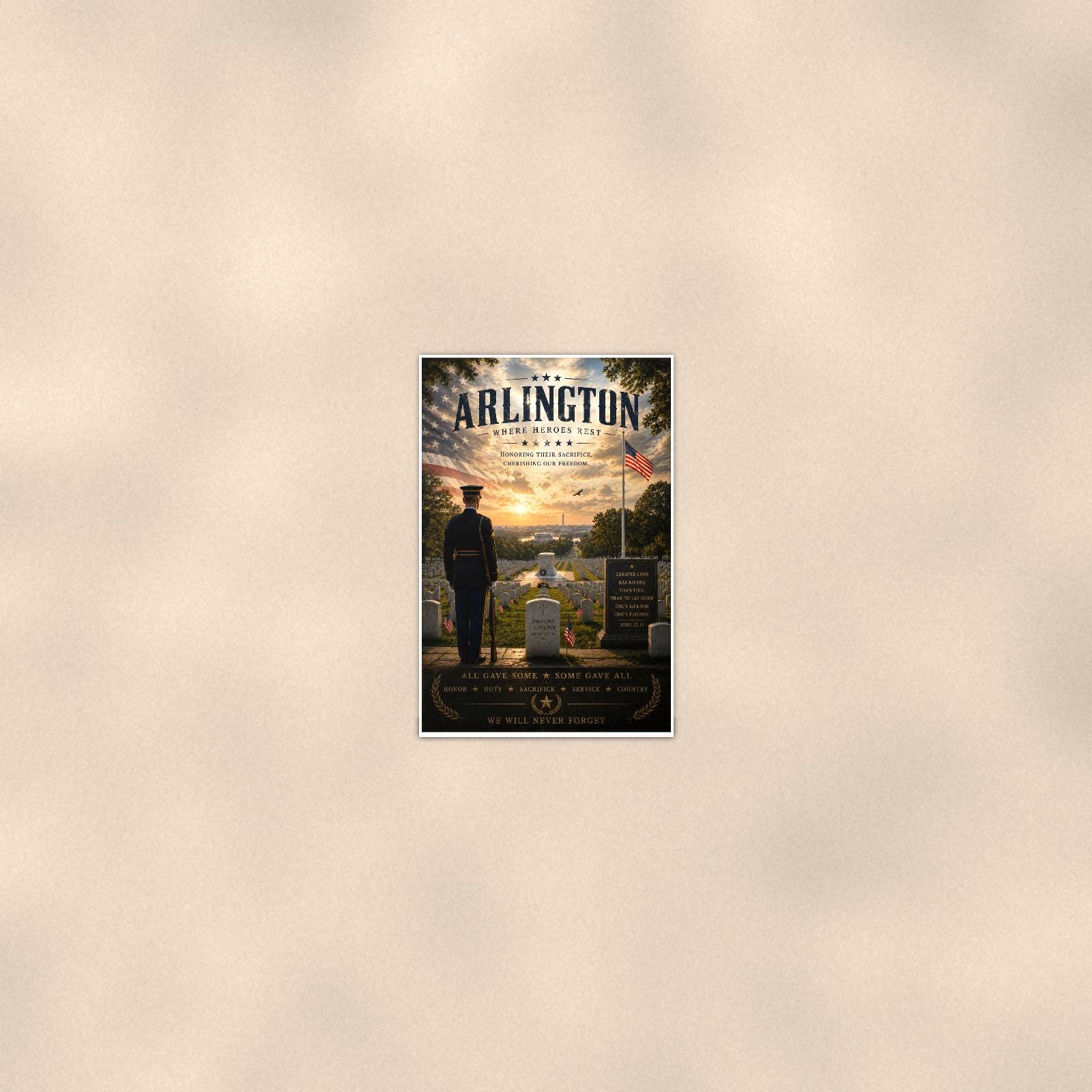 Arlington Where Heroes Rest (2) — 24x36 in art print poster, premium luster paper with a white border; poster seen from further back, at true 24x36 in scale on a warm wall.