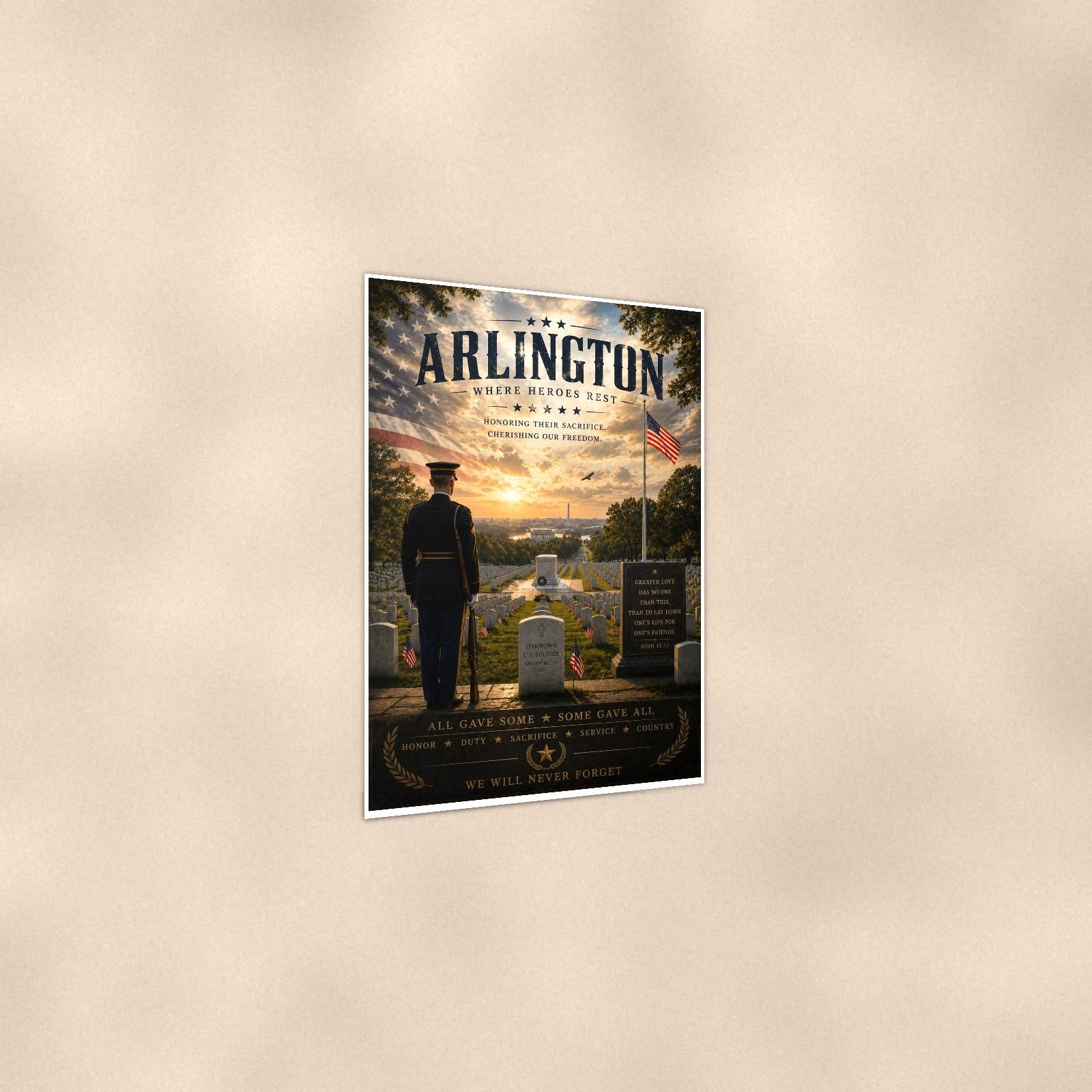 Arlington Where Heroes Rest (2) — 24x36 in art print poster, premium luster paper with a white border; gentle three-quarter angle on a warm wall, showing the flat paper edge.