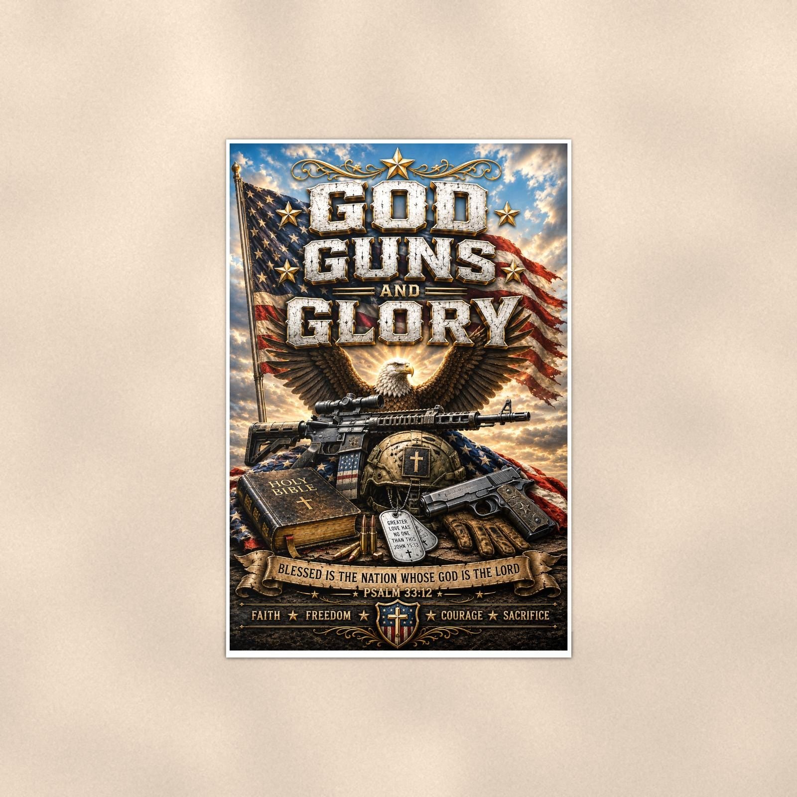 God Guns and Glory (2) — 24x36 in art print poster, premium luster paper with a white border; poster shown straight on against a warm wall.