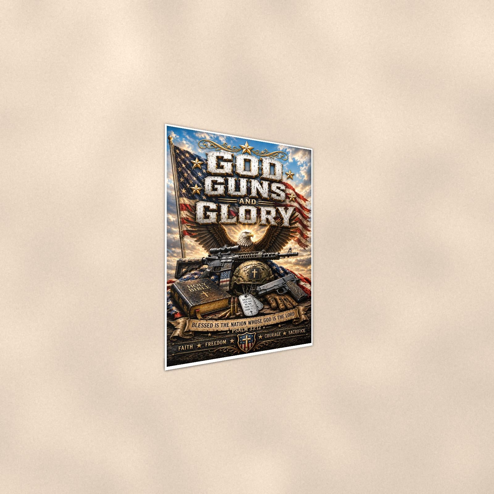 God Guns and Glory (2) — 24x36 in art print poster, premium luster paper with a white border; steeper three-quarter angle on a warm wall, catching the luster sheen.