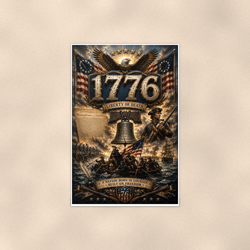 1776 Liberty Or Death (2) — 24x36 in art print poster, premium luster paper with a white border; poster shown straight on against a warm wall.