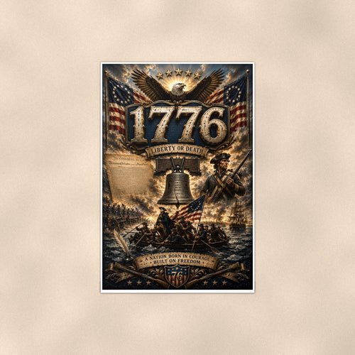 1776 Liberty Or Death (2) — 24x36 in art print poster, premium luster paper with a white border; poster shown straight on against a warm wall.