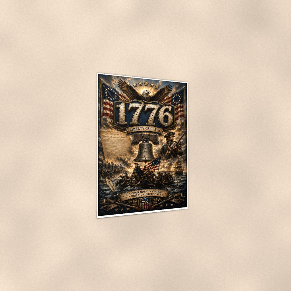 1776 Liberty Or Death (2) — 24x36 in art print poster, premium luster paper with a white border; gentle three-quarter angle on a warm wall, showing the flat paper edge.