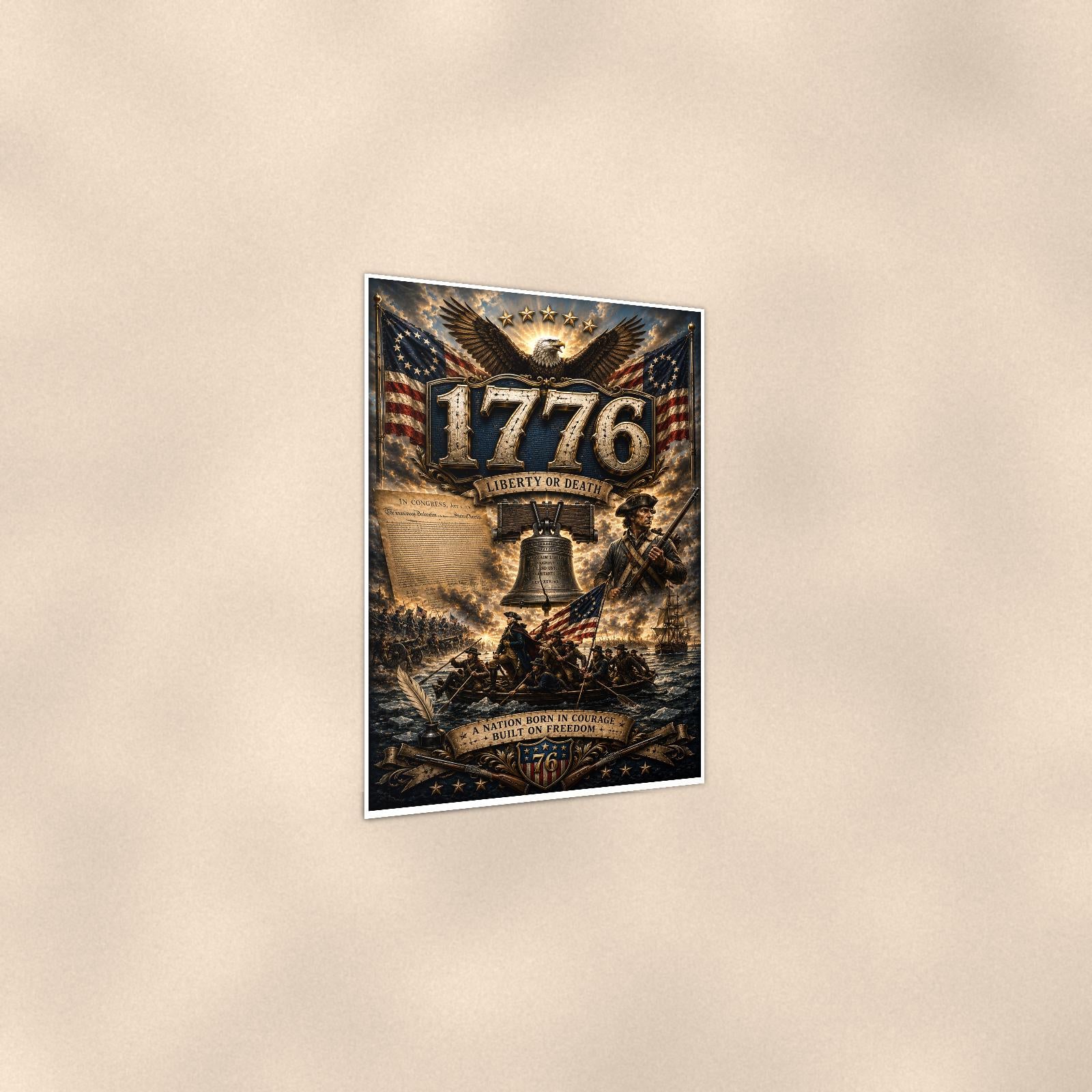 1776 Liberty Or Death (2) — 24x36 in art print poster, premium luster paper with a white border; gentle three-quarter angle on a warm wall, showing the flat paper edge.
